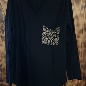 Black V-Neck Top with Leopard Pocket